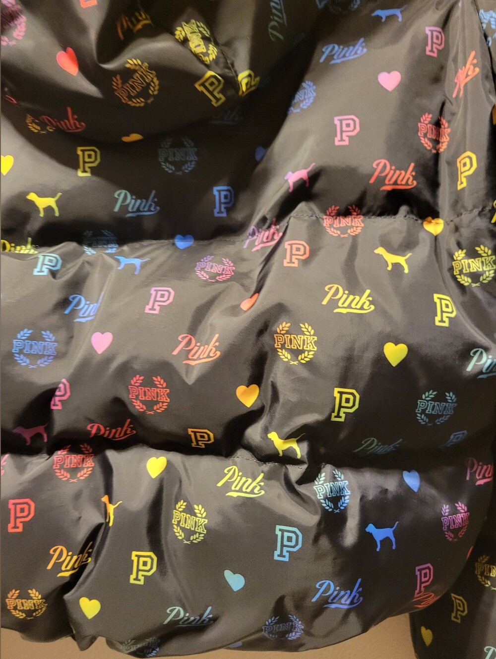 PINK Victoria's Secret Black Puffer Jacket with Multicolor Logo Hearts (RARE) - Picture 4 of 9